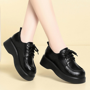 进口一件通勤工作鞋女黑色皮鞋平底系带软底上班职业单鞋厚底女鞋