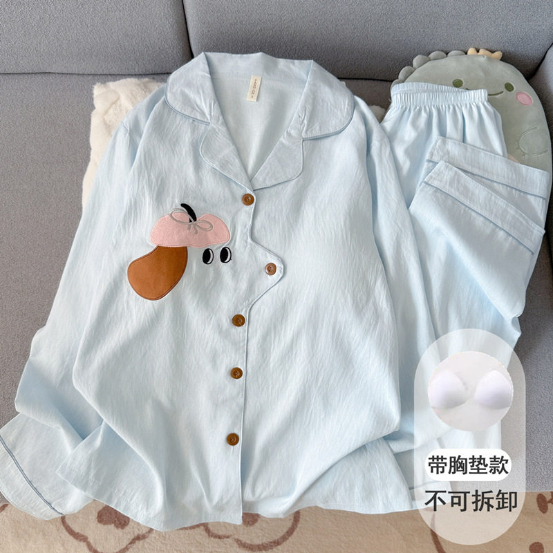 德国带胸垫可爱小狗纯棉纱布睡衣女款新款夏季长袖开衫家居服