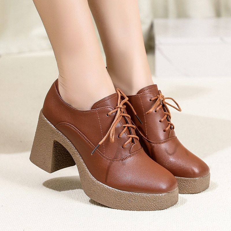 进口白色女士皮鞋真皮厚底增高小个子高跟鞋粗跟防水台不累脚女鞋