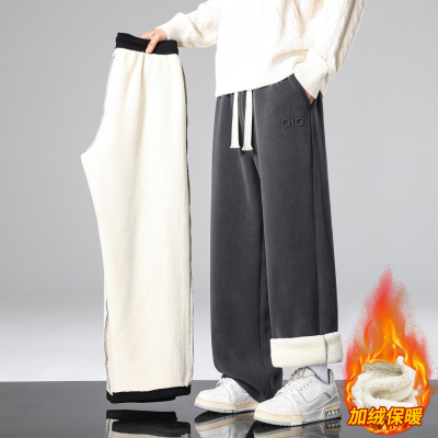 明星同款加绒加厚裤子男孩青少年初中高中学生羊羔毛休闲长裤大童