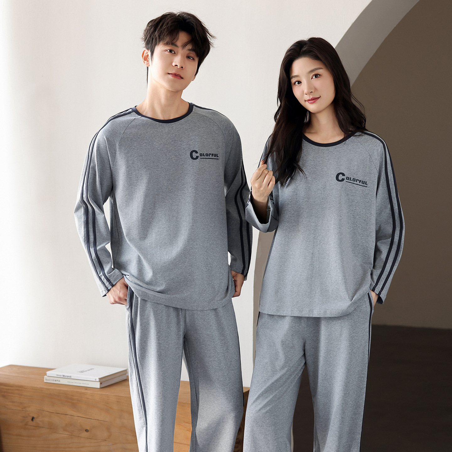 个性新品情侣睡衣纯棉长袖长裤简约套头家居服舒适柔软可外穿套装