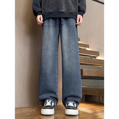 大牌高端款青少年加绒牛仔裤子男初中高中学生宽松直筒裤大童阔腿