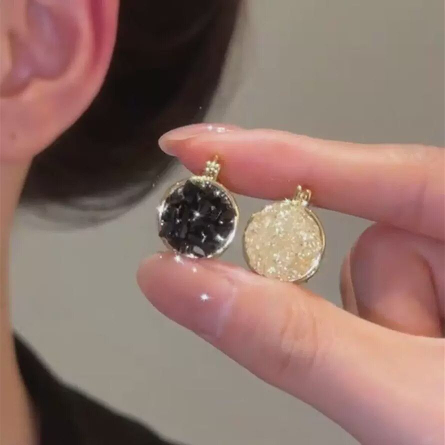 德国小众设计感双面圆形耳扣耳环女简约黑白水晶耳饰时尚配饰潮