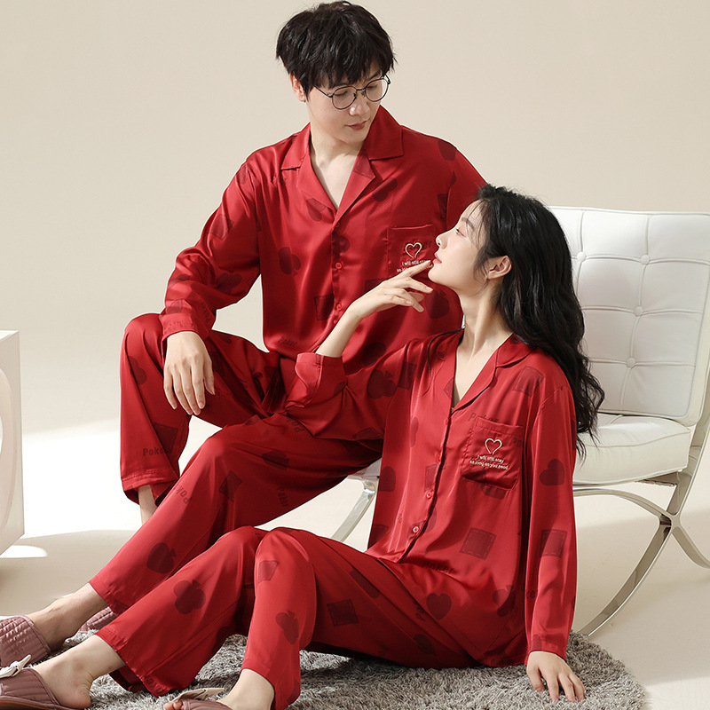 潮流新款冰雪丝喜庆情侣睡衣家居服长袖男女士大红新婚套装
