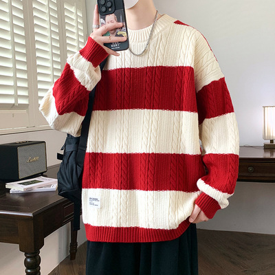优选新款撞色条纹毛衣男款宽松圆领打底针织衫青少年保暖毛线衣服