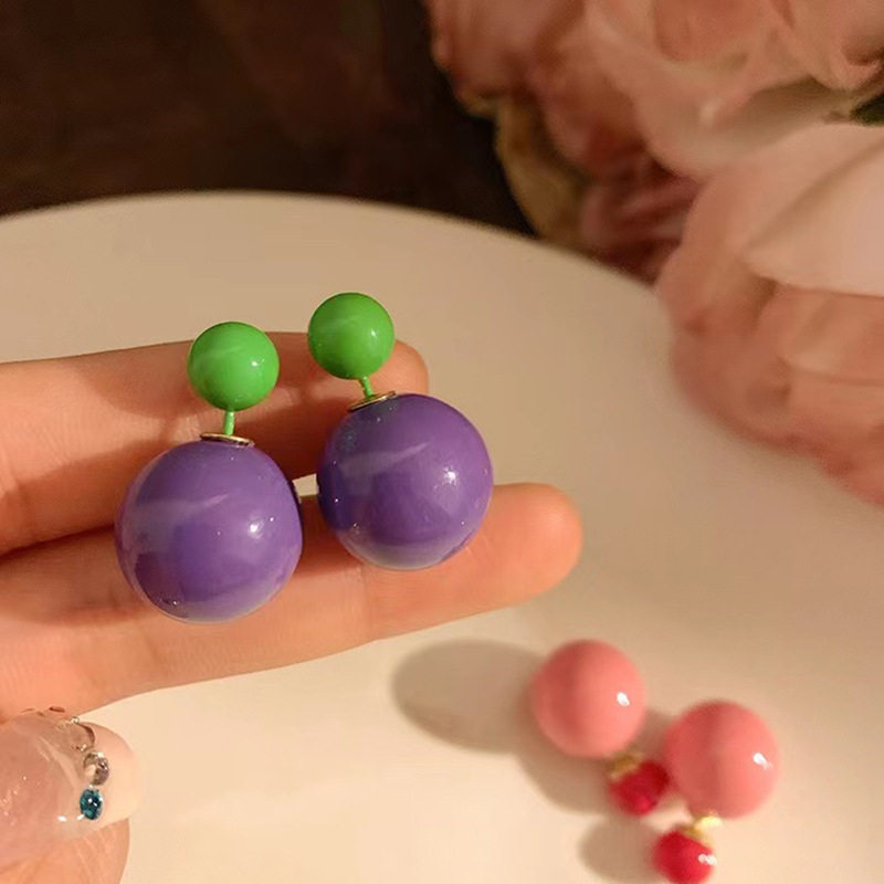 撤柜撞色两戴仿珍珠耳钉小众设计感俏皮糖果配色可爱圆球圆珠耳环