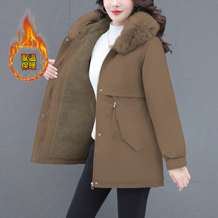 减龄连帽大毛领加绒棉服中长款 明星同款 时尚 新款 加厚棉 派克服女季