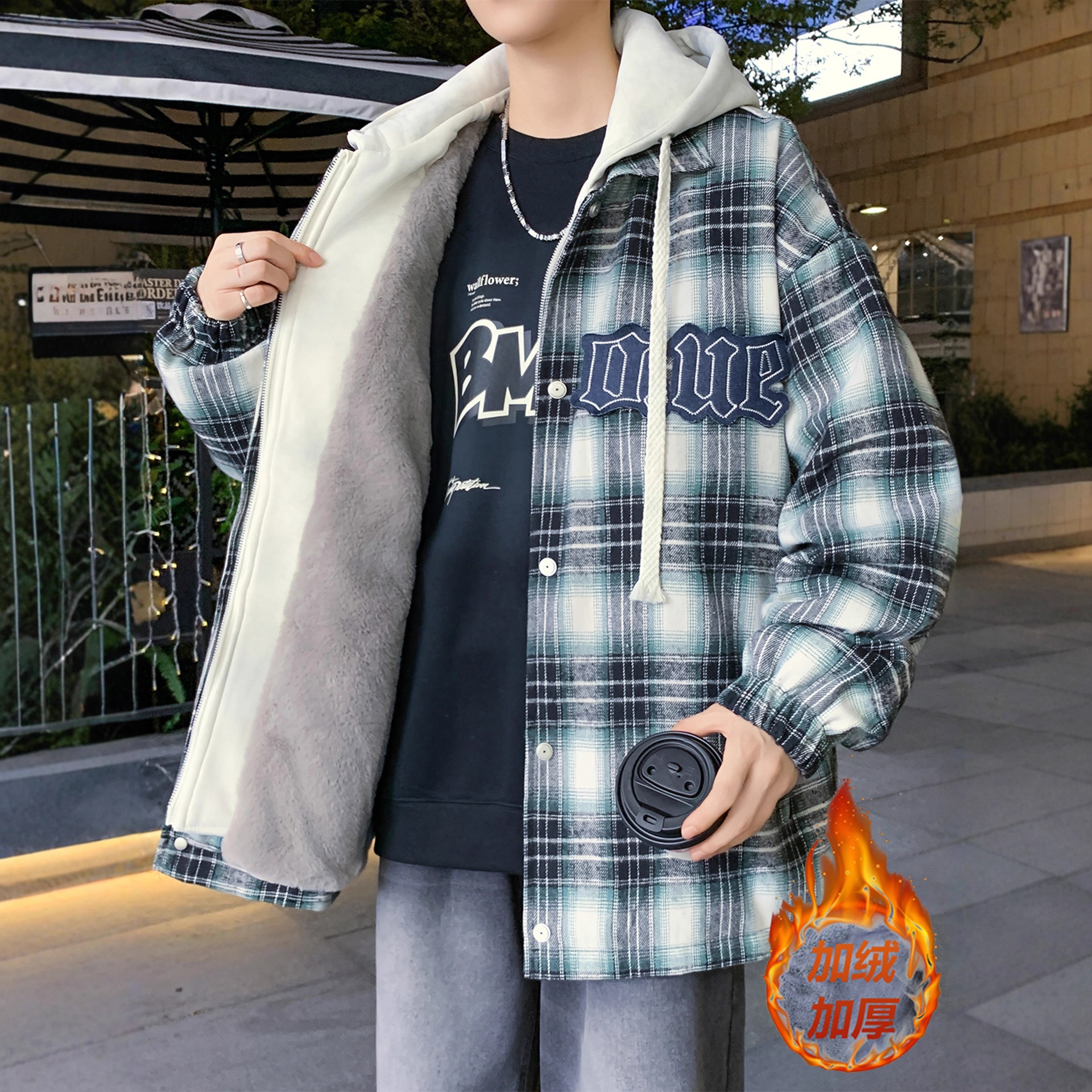 明星同款款青少年假两件格子外套男初中高中学生加绒加厚大童夹克