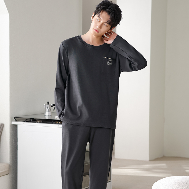 个性新品睡衣男士纯棉新款圆领长袖长裤家居服简约可外穿韩版套装