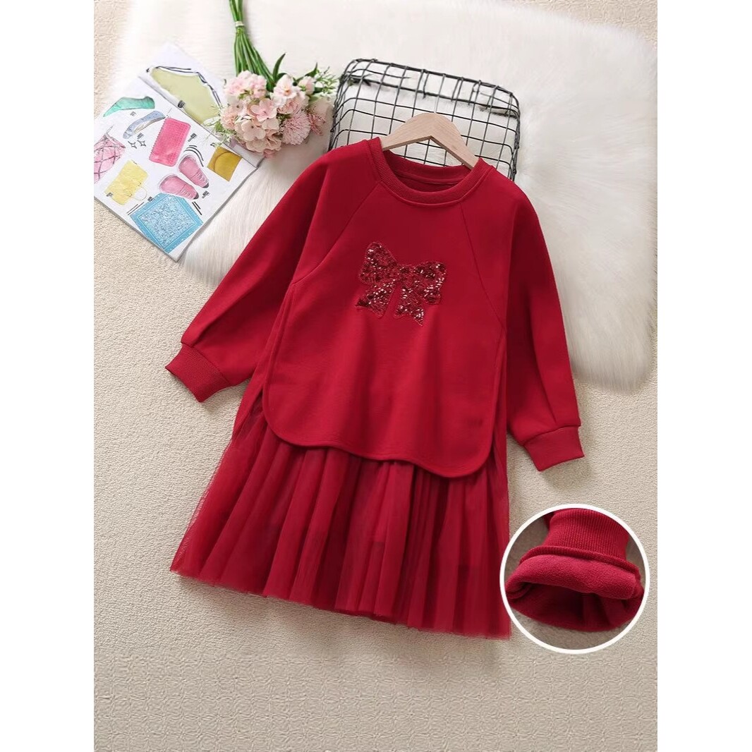 进口女童红色喜庆拜年服连衣裙新款中大童加绒长袖韩版休闲长裙潮