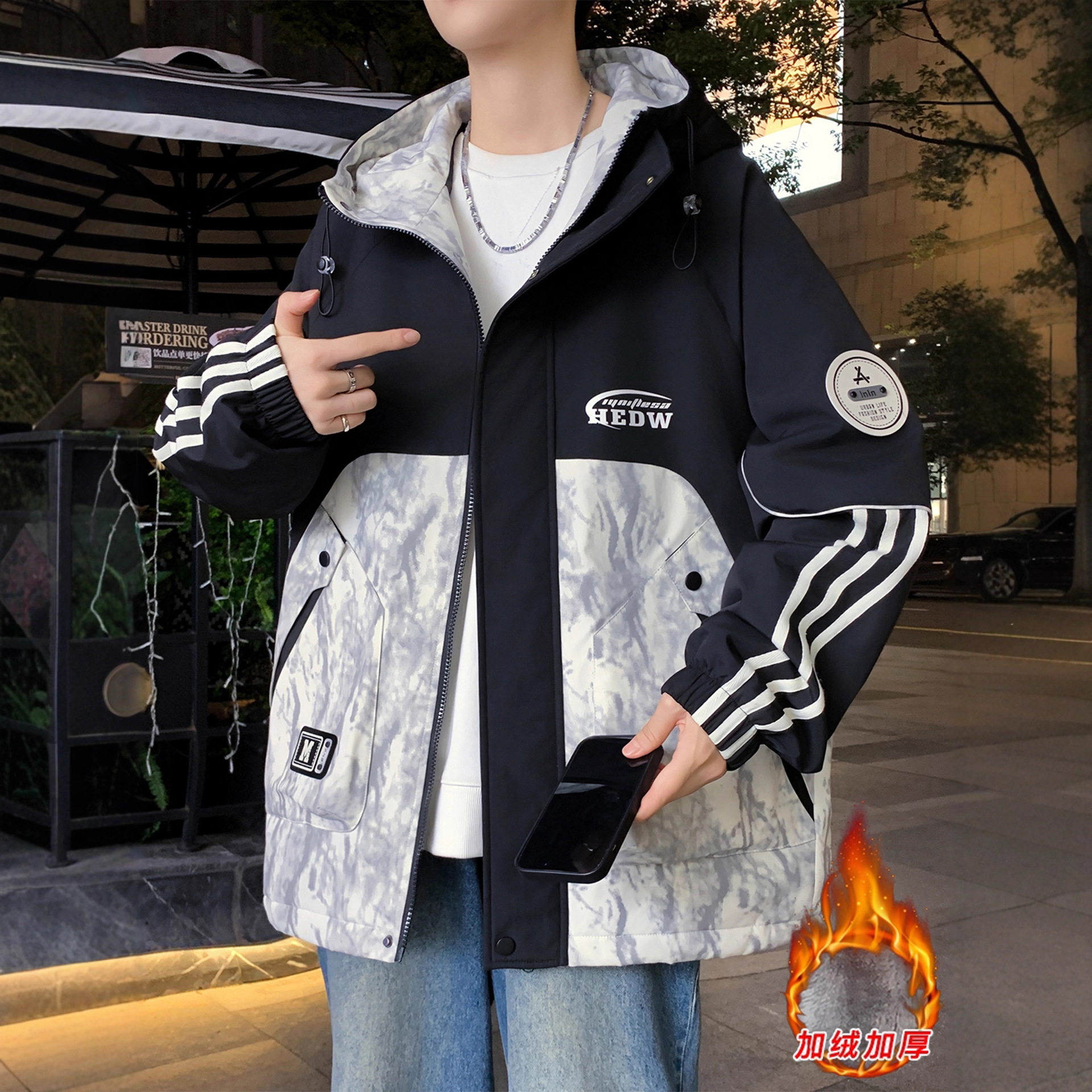 明星同款青少年冲锋衣外套男初中高中学生加绒加厚大童潮流夹克棉