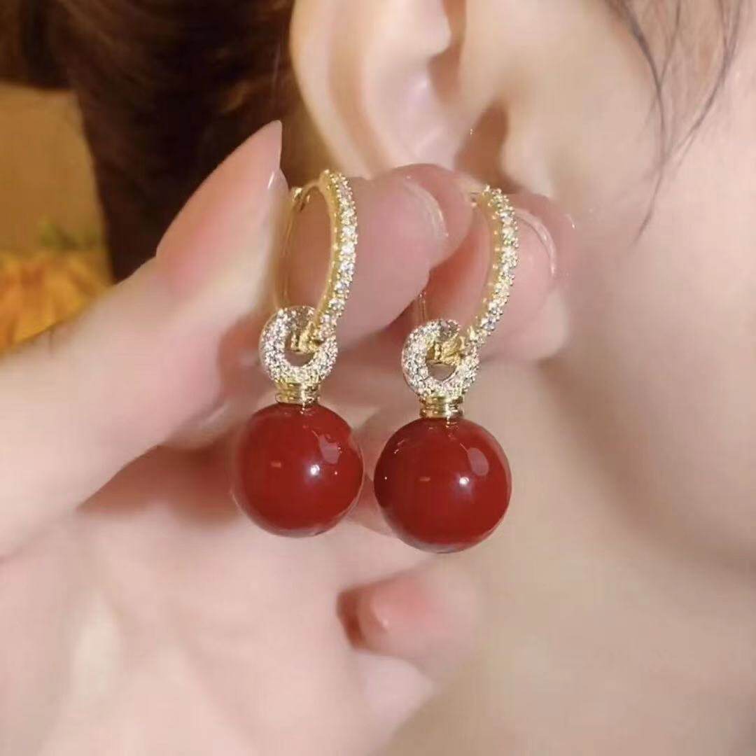 撤柜红色珠珠耳环女高级耳坠年新款潮小众设计轻奢高档耳饰