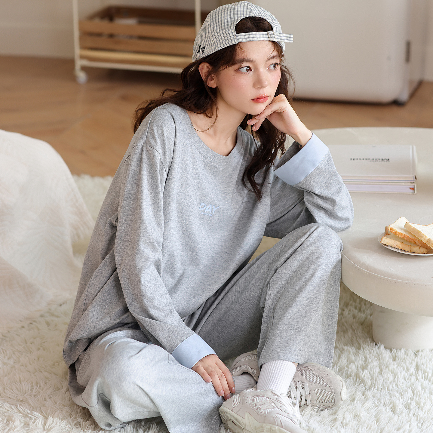 个性新品带胸垫睡衣女纯棉长袖长裤套头女士宽松全棉家居服套装