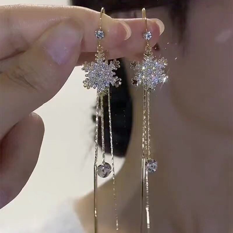 德国超仙设计感气质微镶满钻雪花流苏耳线女百搭个性轻奢耳环精致