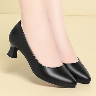 进口一件空姐工作鞋女黑色皮鞋小跟职业商务工装正装中跟面试女鞋