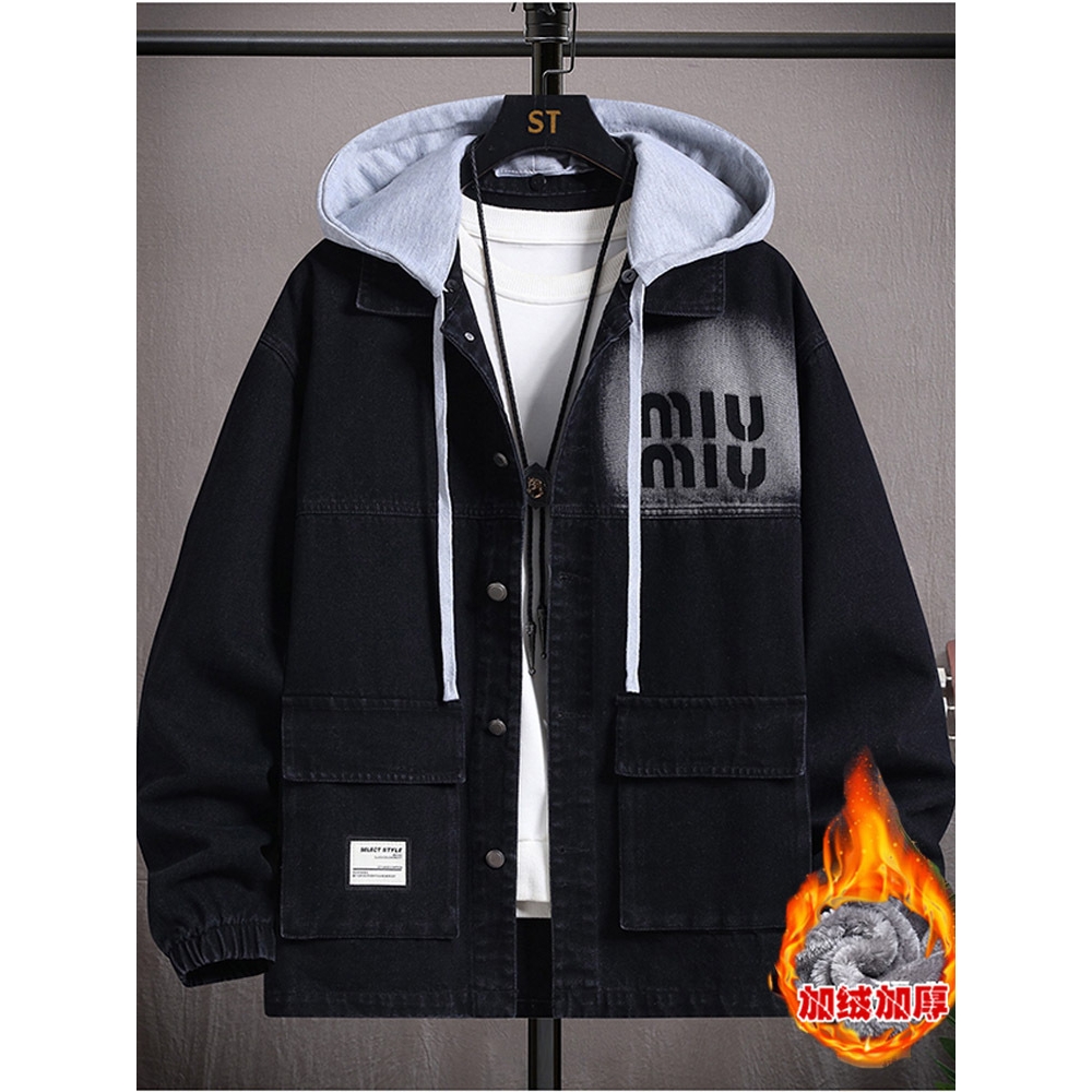 大牌高端季男孩潮流帅气牛仔外套初高中学生岁青少年加绒加厚棉衣