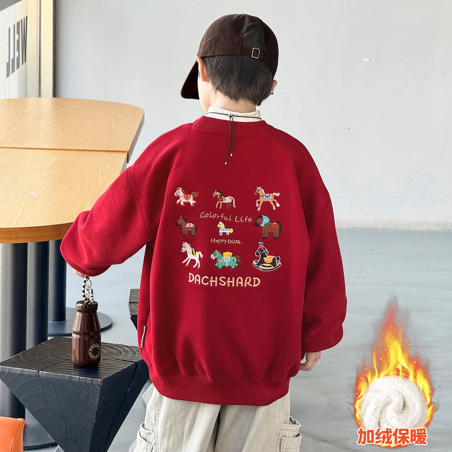 进口男童款卫衣加绒加厚新款大童装一体绒儿童季红色上衣