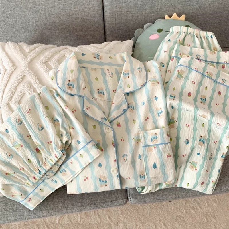 德国新款睡衣女款夏季纯棉纱布短袖甜美可爱小熊家居服三件套
