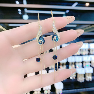 进口中国风时尚网红蓝色孔雀耳线耳环新款潮长款凤凰水晶流苏耳坠
