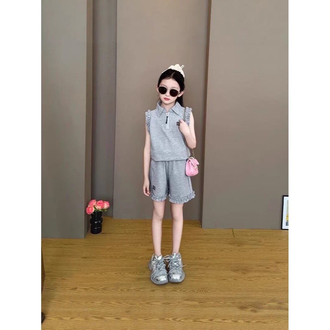 进口女童秋装翻领POLO衫五分裤两件套新款中大童韩版宽松运动套装