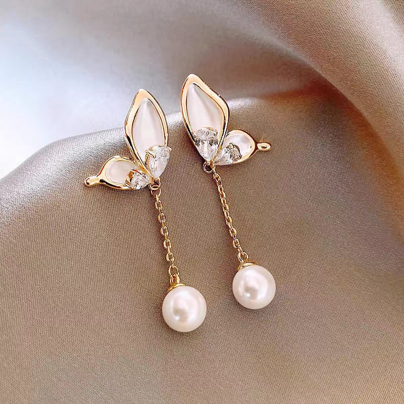 德国日来信~蝴蝶翅膀长款珍珠流苏耳环女甜美温柔时尚蝴蝶翩翩耳