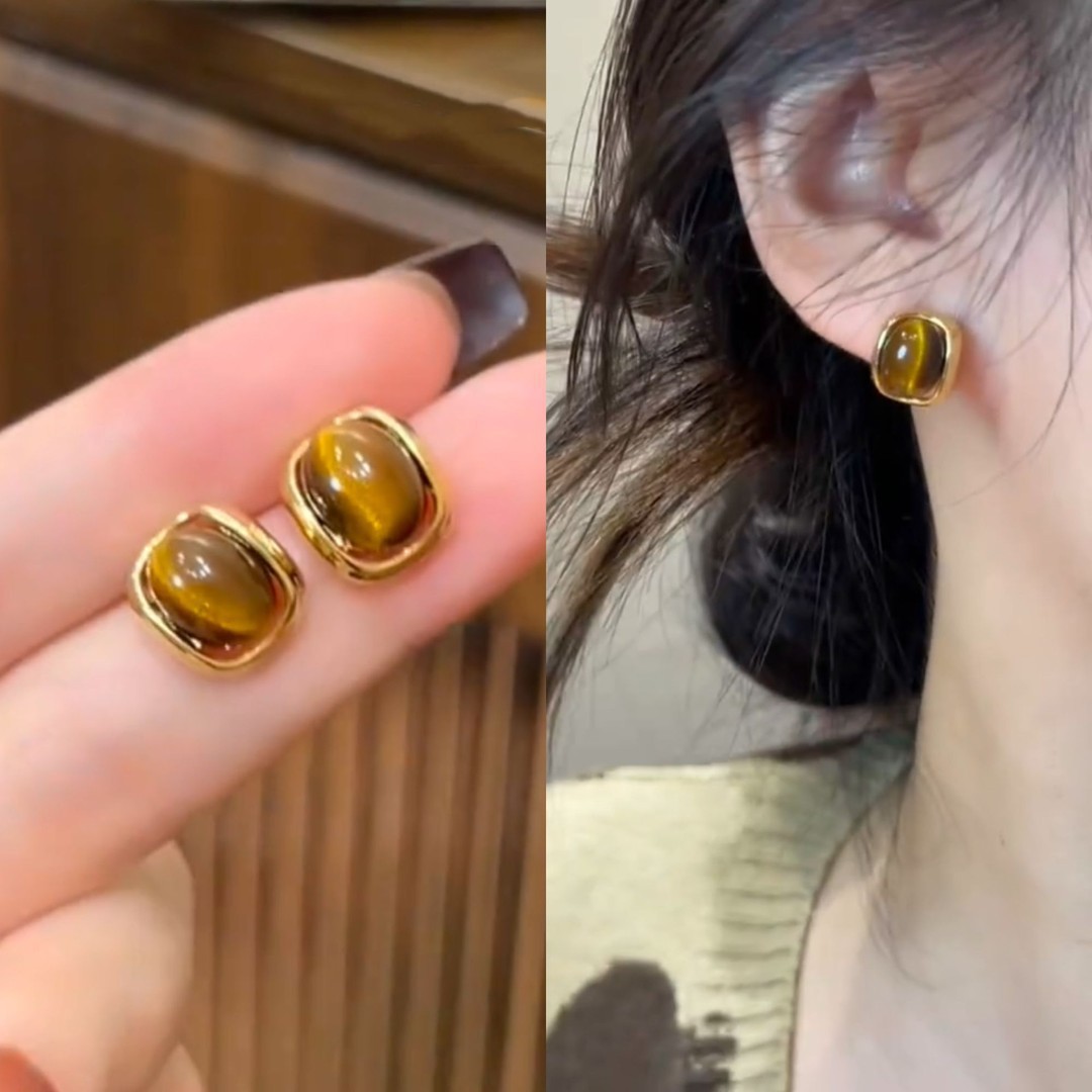 德国复古港风方形虎眼石耳钉女新款琥珀焦糖色几何耳环轻奢耳饰品