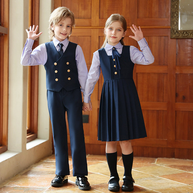 进口小学生校服新品女童连衣裙男女学院风合唱班服幼儿园园服套