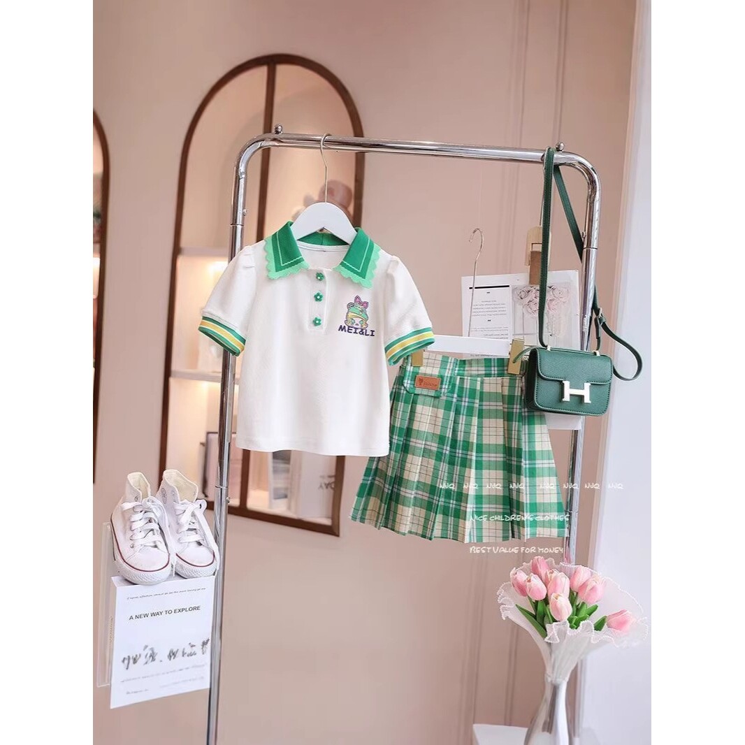 进口女童秋装学院风JK套装新款中大童日系百褶裙翻领POLO衫两件套