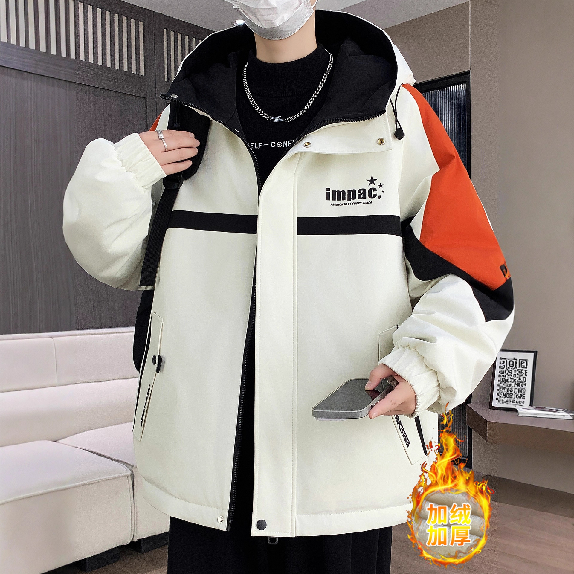 明星同款款青少年外套冲锋衣男初中高中学生加绒加厚棉服大童潮牌