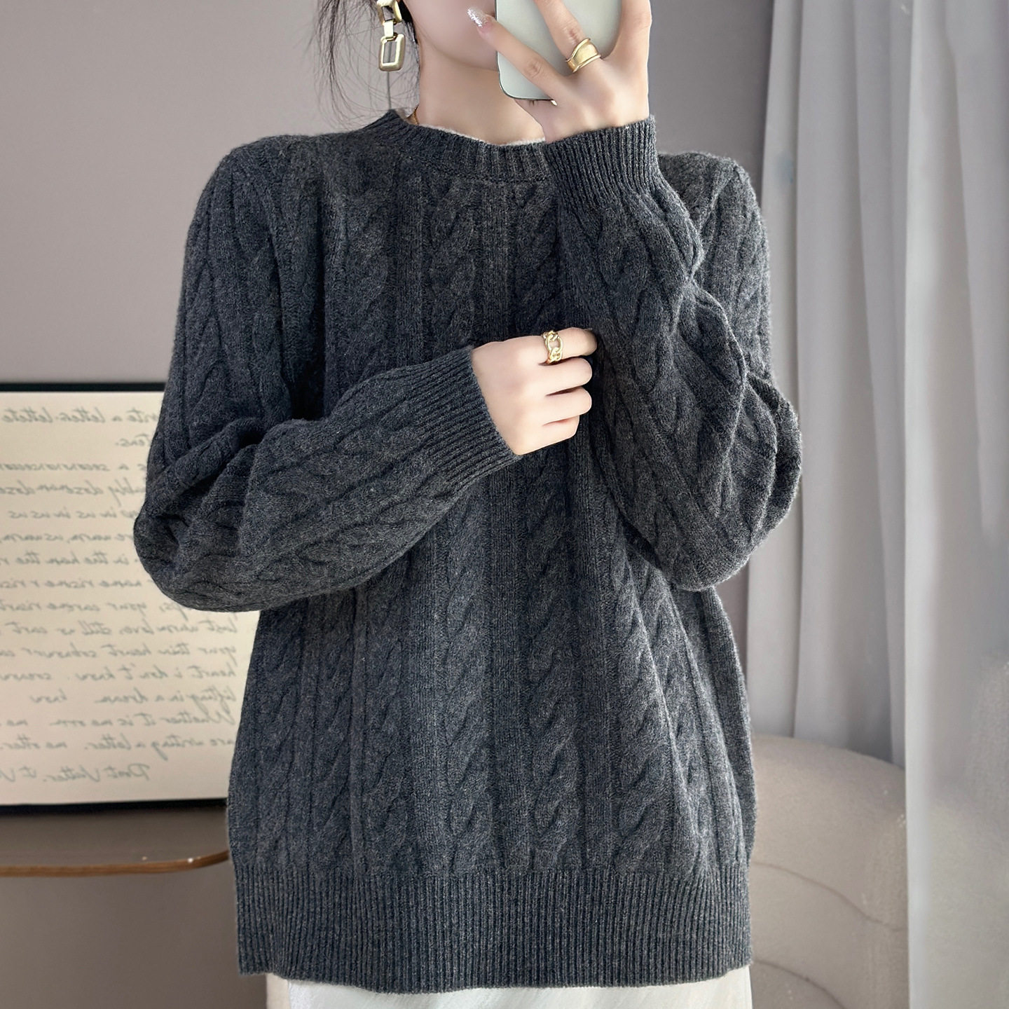 进口复古麻花%纯羊毛针织衫女新款加厚保暖毛衣红色打底衫