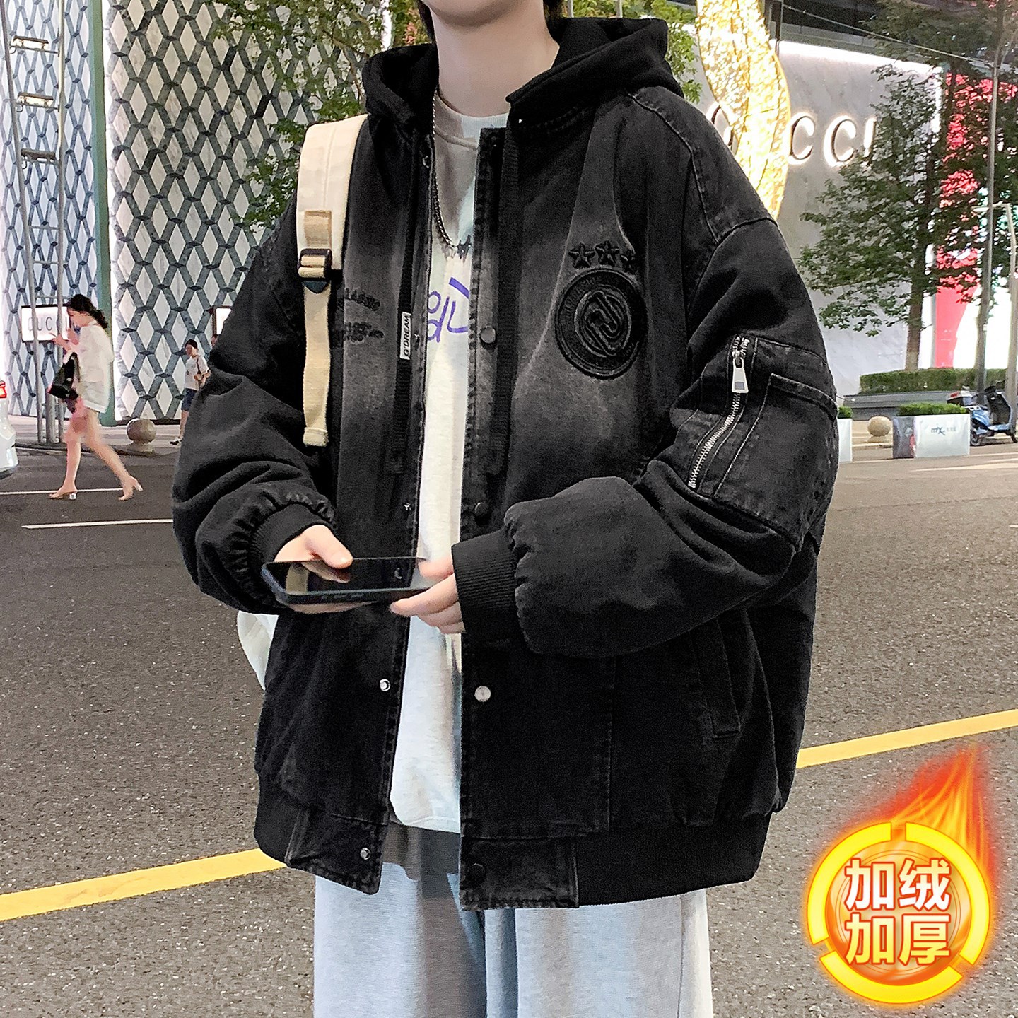 明星同款假两件牛仔外套男加绒加厚美式潮牌青少年初中高中学生夹