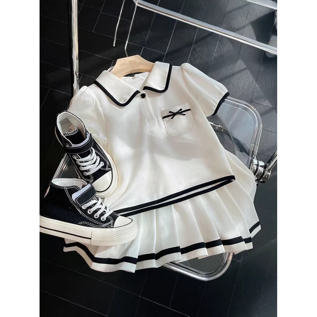 进口女童秋季小香风套装新款中大童韩版时髦POLO衫百褶裙两件套潮