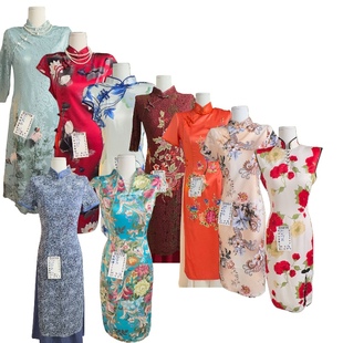 老上海长款复古花柄港风法式改良缎面少女旗袍短袖连衣裙6