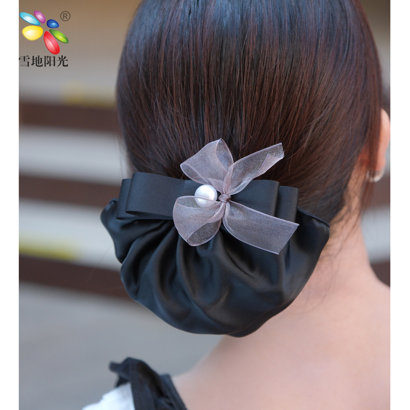 简约领结网纱蝴蝶结盘头发碎发短发网兜发兜职业女头花发夹布兜