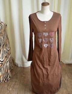 D04出口外贸咖啡纯色胶印纯棉简约休闲舒适圆领家居长袖长款睡裙