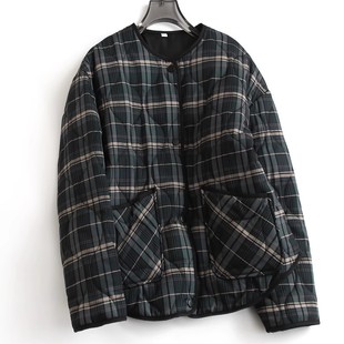 西班牙D~宽松显瘦复古格子圆领单排扣长袖棉衣棉服夹克外套女秋冬