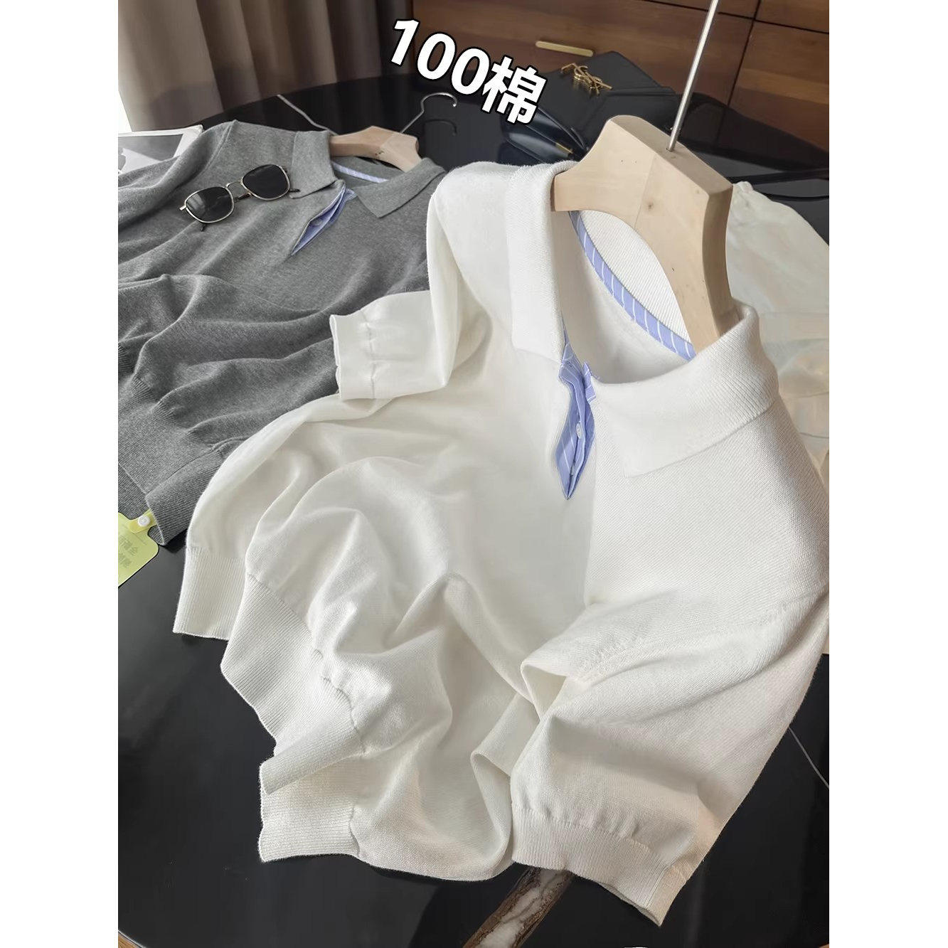 篙级感！掌柜自留推~m*u系休闲拼接衬衫polo领针织短袖衫上衣女