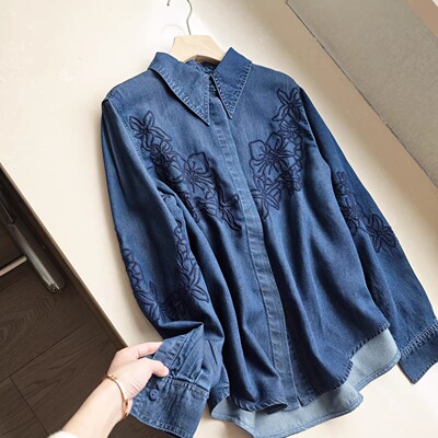 大厂订单！ 重工盘花刺绣100莱赛尔天丝休闲长袖牛仔衬衫上衣女春