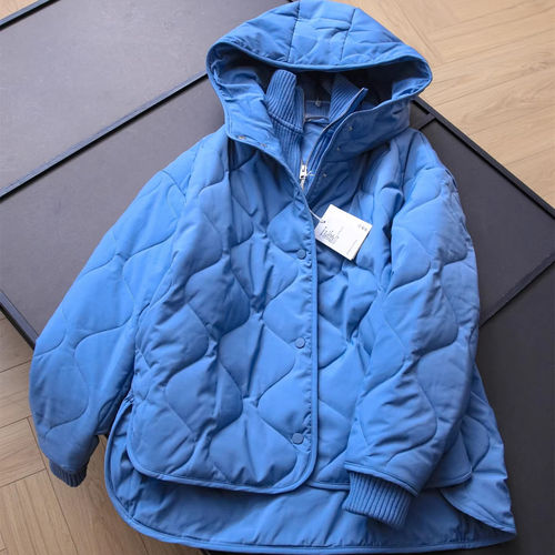 北欧C！休闲版型绗缝宽松连帽夹克棉服外套针织拼接立领棉衣女冬