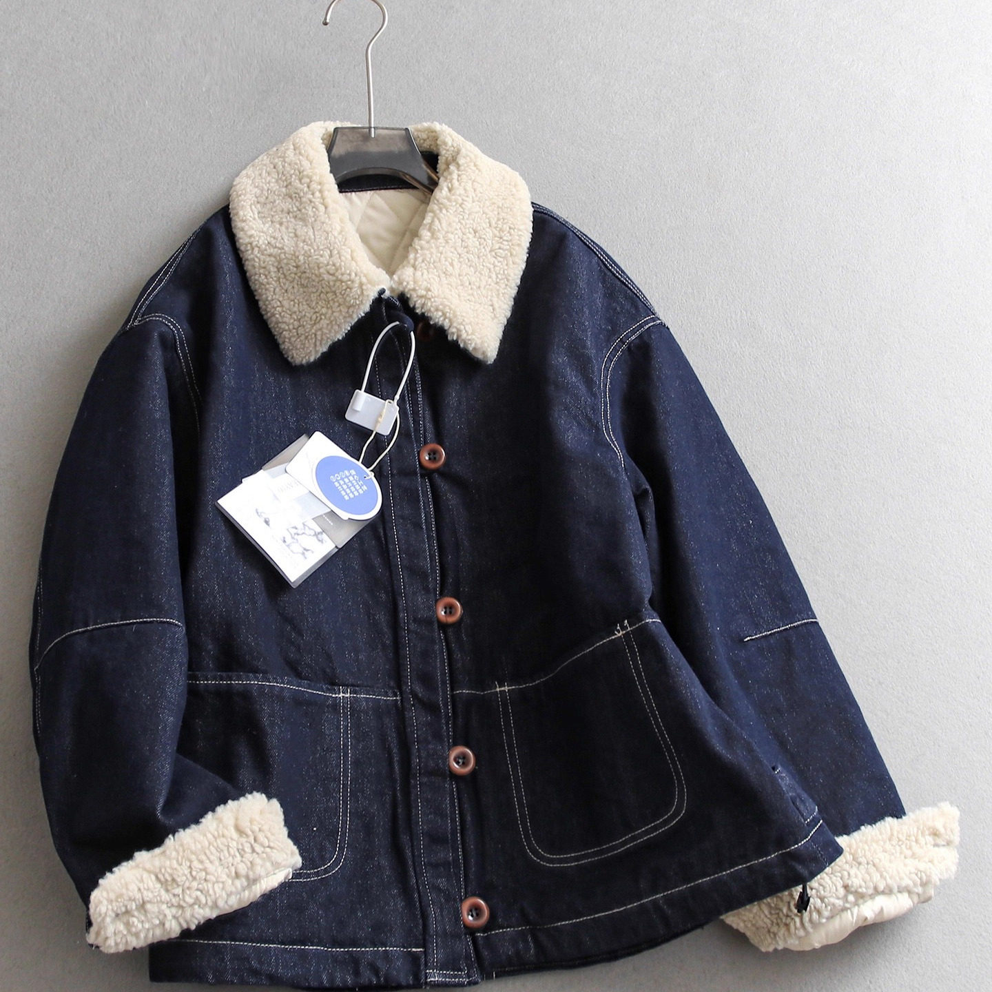 日系复古!宽松显瘦羊羔毛翻领短款工装夹棉保暖牛仔外套棉服女冬