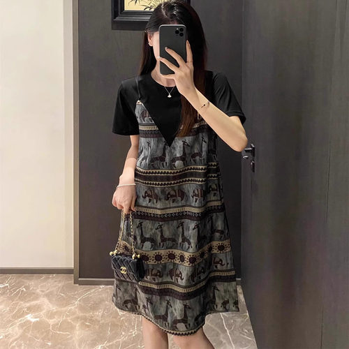 显瘦出圈~小众轻奢复古印花莱赛尔天丝气质假两件连衣裙T恤裙女夏