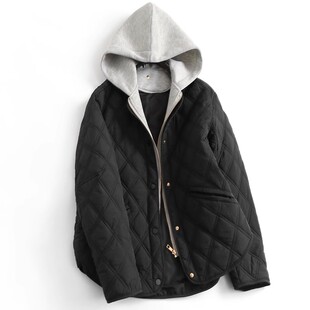 走西班牙！宽松可拆卸连帽圆领长袖菱形格绗缝棉服夹克外套女秋冬