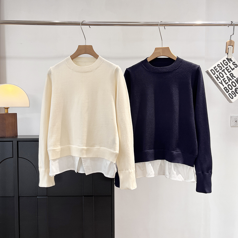 北欧小众！木巨990+休闲版型软糯亲肤假两件圆领针织衫女上衣秋冬