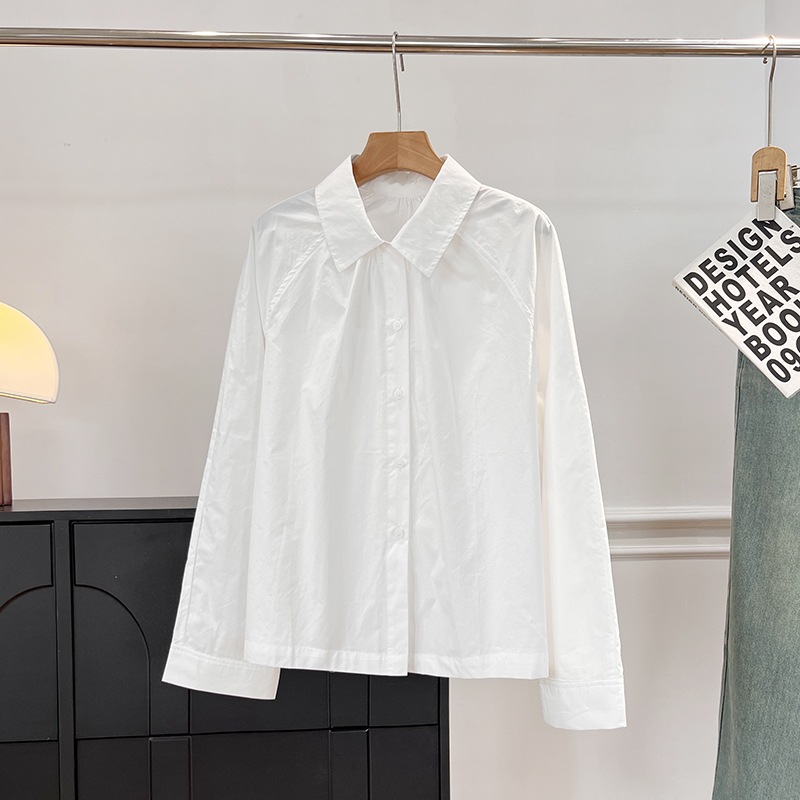 北欧C！木巨790+休闲版型褶皱棉质翻领休闲单排扣长袖衬衫上衣女