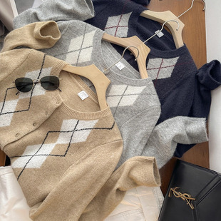 针织开衫 复古百搭圆领菱格印花长袖 毛衣外套女 木巨299 瑞典单