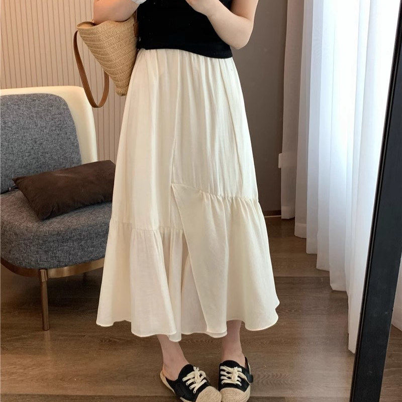 浪漫唯美！轻盈透气醋酸天丝亚麻珍珠色花瓣裙摆A字半身裙女长裙