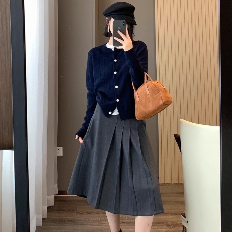 糕端小禾 早秋莫代尔羊毛通勤气质西装裙中长款百褶半身裙A字伞裙