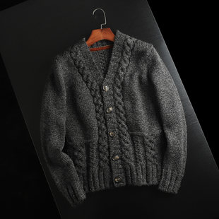 复古绞花设计！80羊毛！秋冬男加厚保暖时尚V领针织开衫毛衣外套