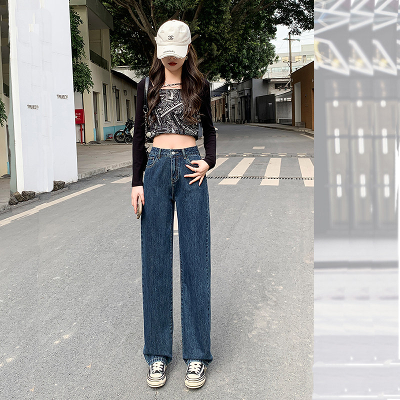 复古阔腿牛仔裤女无弹力窄版直筒浅蓝小个子九分高腰宽松25秋新款