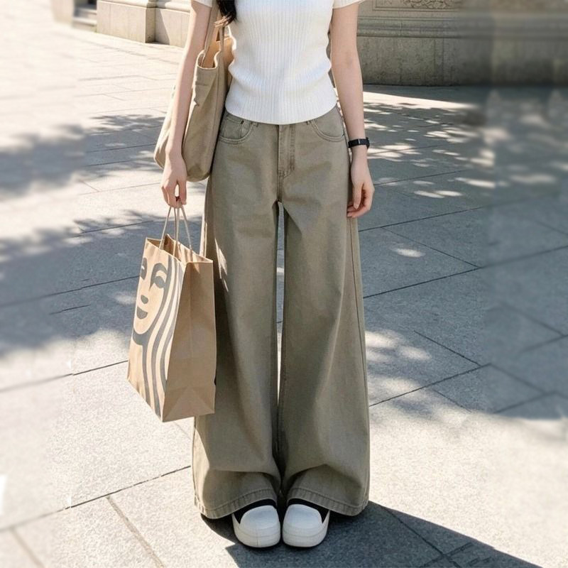 卡其休闲牛仔裤女无弹力高腰宽松